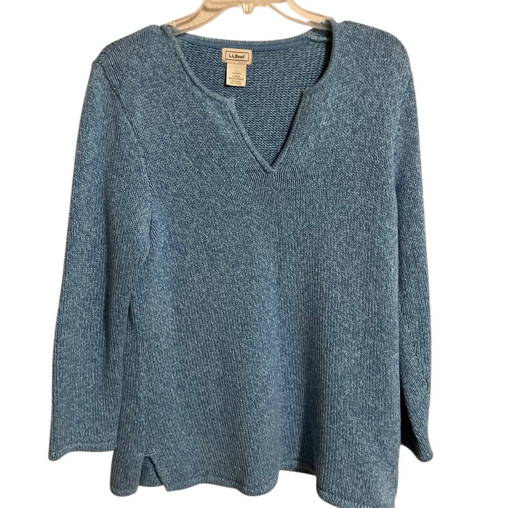 L.L. Bean Blue 100% Cotton Knit Outdoor Casual  Comfy Cozy V-Neck Sweater‎ Large